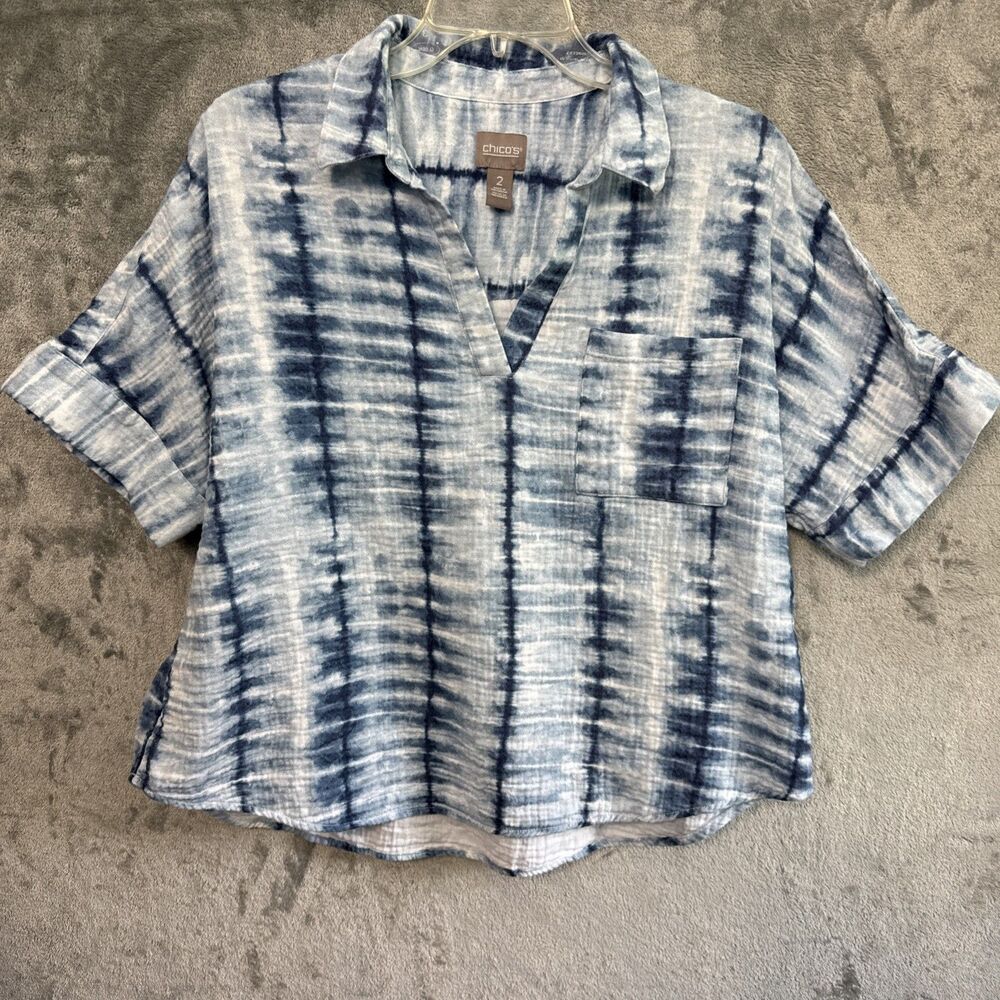 Chicos Size 2 Lg tie Dye cotton blouse pullover short sleeve comfort